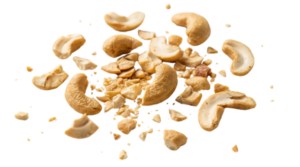 Cashew nuts scattered on a white background with some pieces broken into smaller fragments cutout on alpha channel