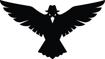 Silhouette of flying crow raven bird wearing fedora hat