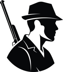 Silhouette of man wearing fedora hat with rifle gun on back