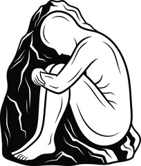 Silhouette of human figure curling up inside stone rock cave