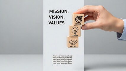 Hand holding wooden blocks with mission vision values icons isolated