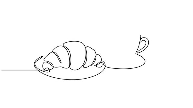 Coffee cup and croissant continuous line drawing animation, Animation of continuous one line drawing croissant with coffee cup. National Croissant Day. Single line self drawing animated. Full length.