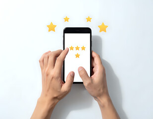Hands holding smartphone with five star rating on screen for customer review feedback concept