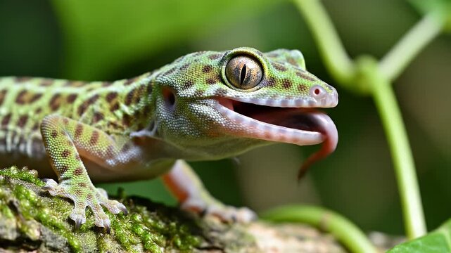 Animated gecko exploring its surroundings with tongue flicking action captured in detail