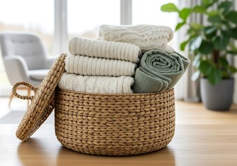 Close-up of a rustic woven storage basket holding neatly folded chunky knit cream and sage green wool sweaters, symbolizing home organization, Scandinavian comfort, and winter apparel retail concepts