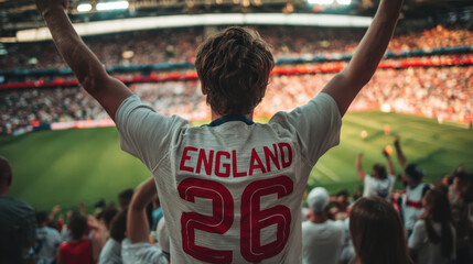 a rear view of an England soccer fan celebrating with other fans in a stadium