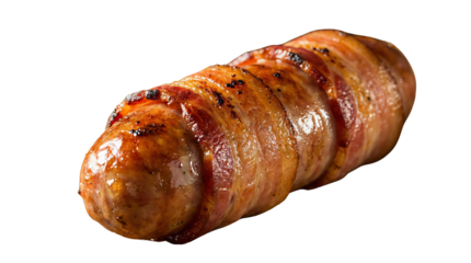 Bacon wrapped sausage roll with a golden brown exterior and visible seasoning on a clean background studio shot on white and transparent