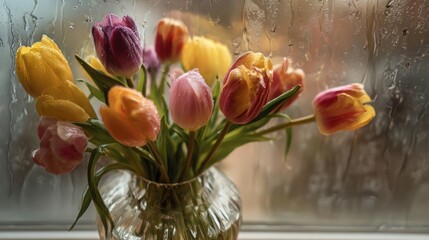 A bouquet of tulips in a crystal vase on a windowsill, with rain streaks on the window, soft diffusion, 8k, realistic, full ultra HD, high resolution, cinematic photography