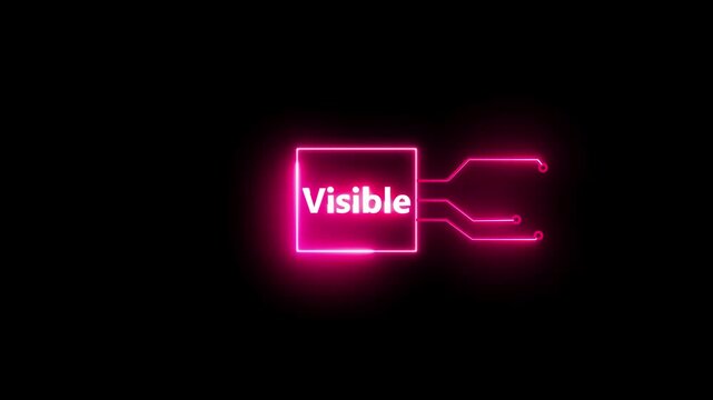 Visible- text neon bright magenta red color animation on black background.  Rectangle frame neon text letter animation.