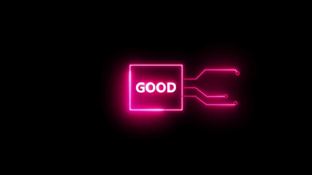 Good- text neon bright magenta red color animation on black background.  Rectangle frame neon text letter animation.