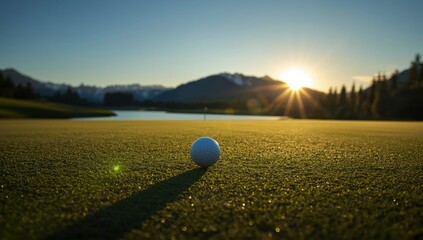 golf ball on manicured green course at sunrise with majestic mountain backdrop