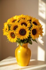 Vibrant Sunflower Bouquet in Bright Yellow Vase on White Table with Soft Natural Lighting