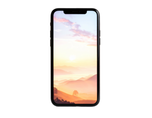 Device displaying a sunrise over misty mountains