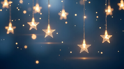 Hanging Glowing Star Lights with Warm Bokeh Sparkles on Dreamy Blue Night Background.