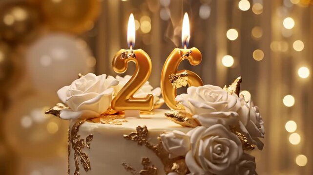 26th Birthday Cake Celebration - A birthday cake is decorated with white roses and gold accents, illuminated by golden number candles.