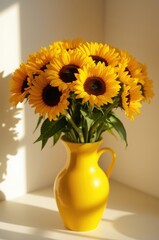Vibrant Sunflower Bouquet in Bright Yellow Vase with Natural Light and Shadows ...
