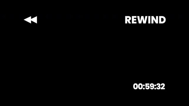 Digital 4K Glitch Rewind Effect Retro with Distorted Text and VCR Interface Icons with Black Background