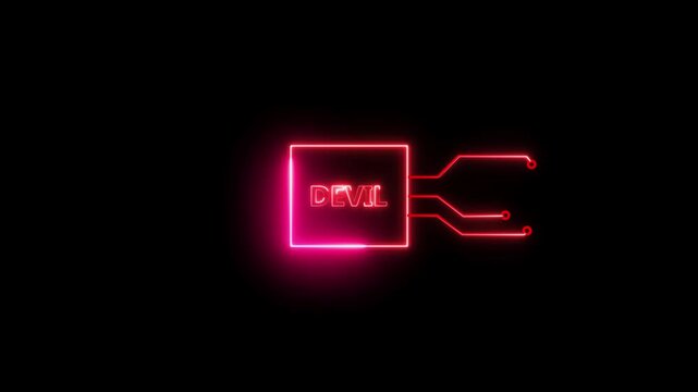 Devil- text neon bright magenta red color animation on black background.  Rectangle frame neon text letter animation.