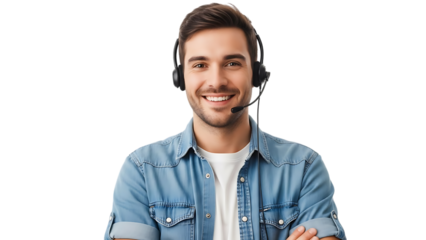 Smiling young man wearing headset and denim shirt standing confidently with arms crossed