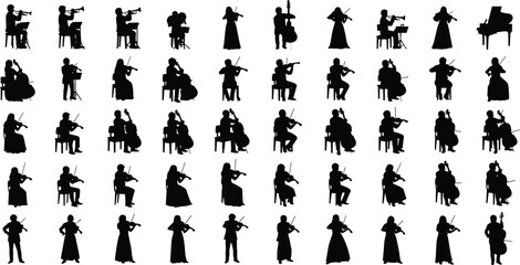 Large set of classical orchestra musician silhouettes playing string and brass instruments isolated on white background for music and design use © Nur Creations