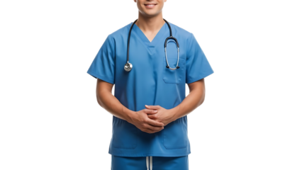 young asian male doctor or nurse in blue scrubs and stethoscope isolated on white background