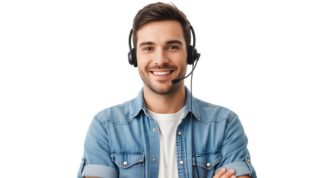 Smiling young man wearing headset and denim shirt standing confidently with arms crossed