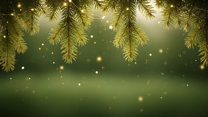 Soft Green Pine Branches with Warm Fairy Lights and Floating Golden Bokeh in Natural Holiday Scene.