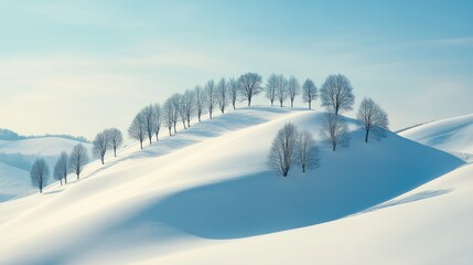 Tranquil Winter Hills: Bare Trees Line Snow-Draped Slopes, Casting Long Blue Shadows Under a Clear Sky