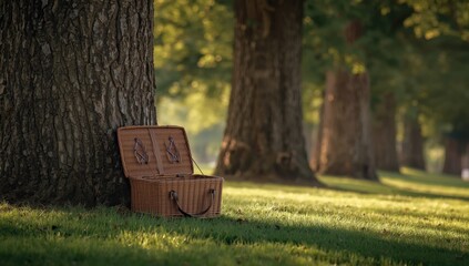 Serene Wicker Picnic Basket Leaning Against Majestic Tree Trunk in Lush Green Forest Setting