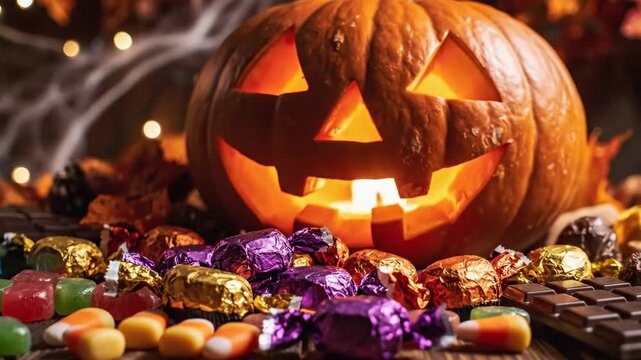 Halloween Jack-o'-lantern with Candy - A lit jack-o'-lantern sits on a wooden table surrounded by foil-wrapped candy, candy corn, chocolate bars, and jelly candies, creating a festive Halloween scene.