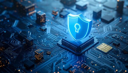 Digital security with a shield and keyhole symbol on a circuit board, representing cybersecurity and protection.