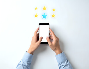 Hands holding smartphone with star rating feedback concept isolated on light background for user experience