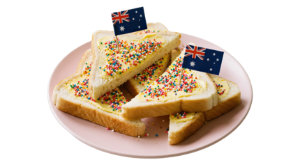 Decoratively topped slices of bread with colorful sprinkles and small australian flags on a pink plate isolated on white
