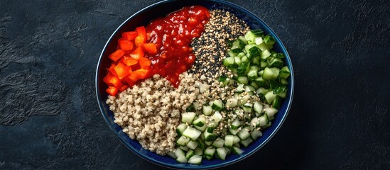 Vibrant and Healthy Quinoa Buddha Bowl with Colorful Vegetables and Sesame Seeds, Top View