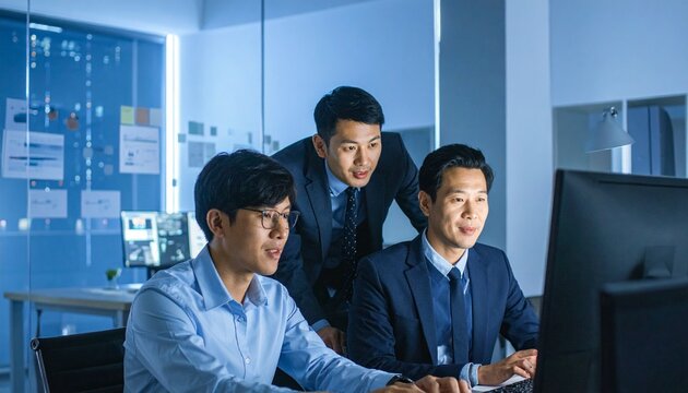 Three professionals working in an office, engrossed in their computer - Powered by Adobe