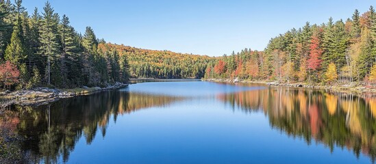Vibrant Autumn Forest Reflected in Serene Blue Lake Under Clear Sky