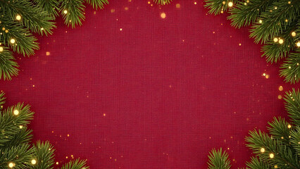 Festive Red Christmas Background Framed with Pine Branches and Golden Holiday Lights.