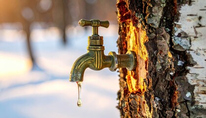 Syrup tap in maple tree - metal tap in wooden tree trunk