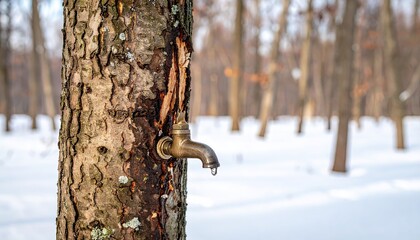 Syrup tap in maple tree - metal tap in wooden tree trunk