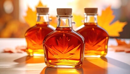 Glass bottle of canadian maple syrup with fresh maple leaves