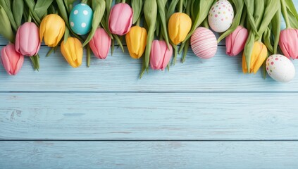 Vibrant Tulips and Decorated Easter Eggs on Soft Blue Wooden Background - Spring Floral Arrangement ...