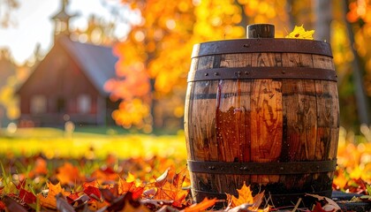 Barrel of canadian maple syrup - canadian landscape background with maple trees on farm