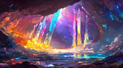 Vibrant Crystal Cavern: Glowing Pillars Reflected in Shimmering Water, Ethereal Fantasy Art