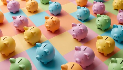A colorful array of piggy banks on a vibrant checkered background for saving money
