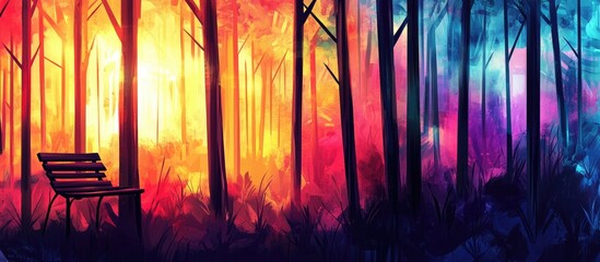 Vibrant Dual-Tone Forest: Luminous Warm Hues Transition to Cool Twilight, Featuring a Solitary Bench