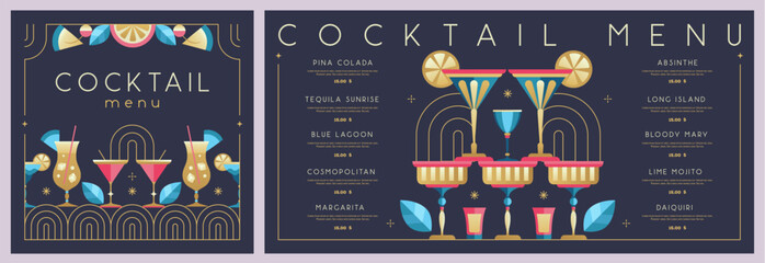Retro holiday restaurant cocktail menu design on black background. Flat design. Vector illustration