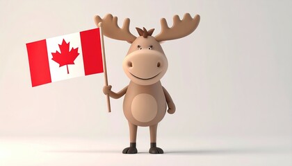 Cartoon moose is holding a canadian maple leaf flag isolated character
