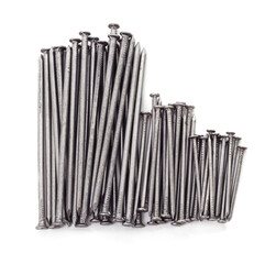 Group of metal iron nails isolated on a white background.