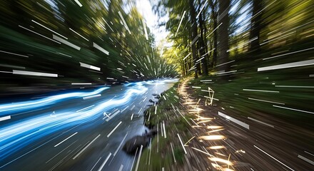 Abstract representation of nature's speed, with flowing river and forest trail in motion blur