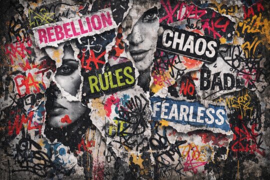 Grungy street art collage featuring torn posters, female faces, colorful graffiti, and bold words like "rebellion", "chaos", "fearless", and "rules" on a gritty wall.